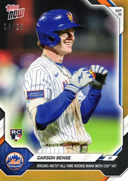2026 Topps Now Carson Benge #693 Orange Foil /25 Breaks Mets All Time Rookie Mark with 156th Hit New York Mets Rookie RC Baseball Card