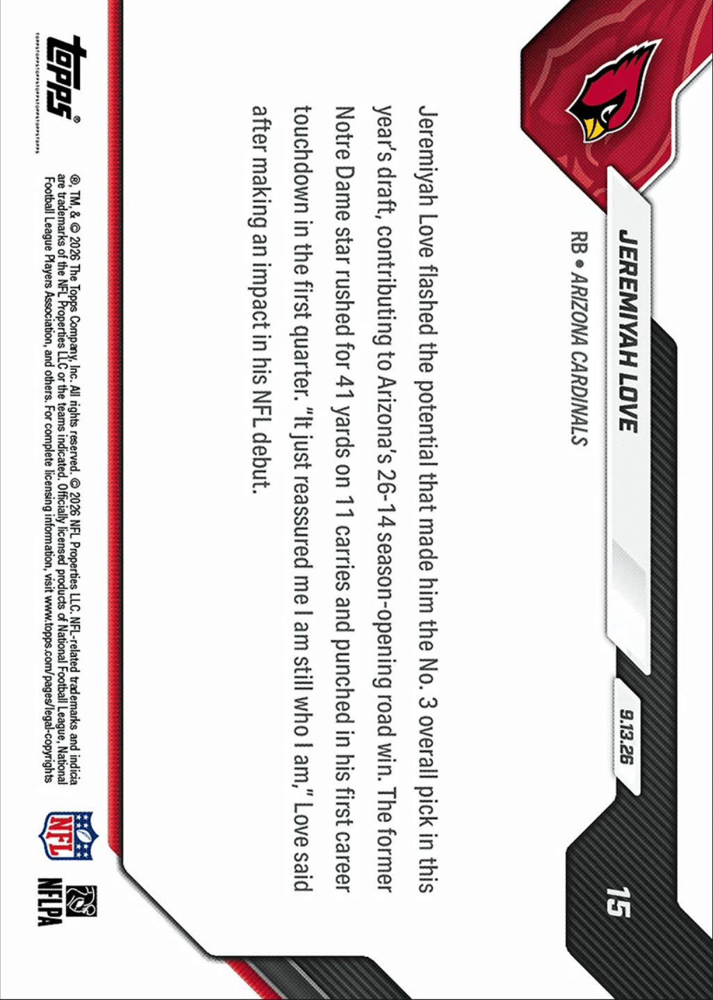 2026 Topps Now Jeremiyah Love #15 Gold Foil /50 Top RB Selection Scores 1st Career TD in Debut Arizona Cardinals Rookie RC Football Card