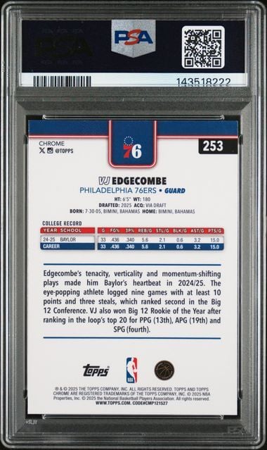 Graded 2025 Topps Chrome VJ Edgecombe #253 Basketball Refractor Rookie RC Basketball Card PSA 10 Gem Mint