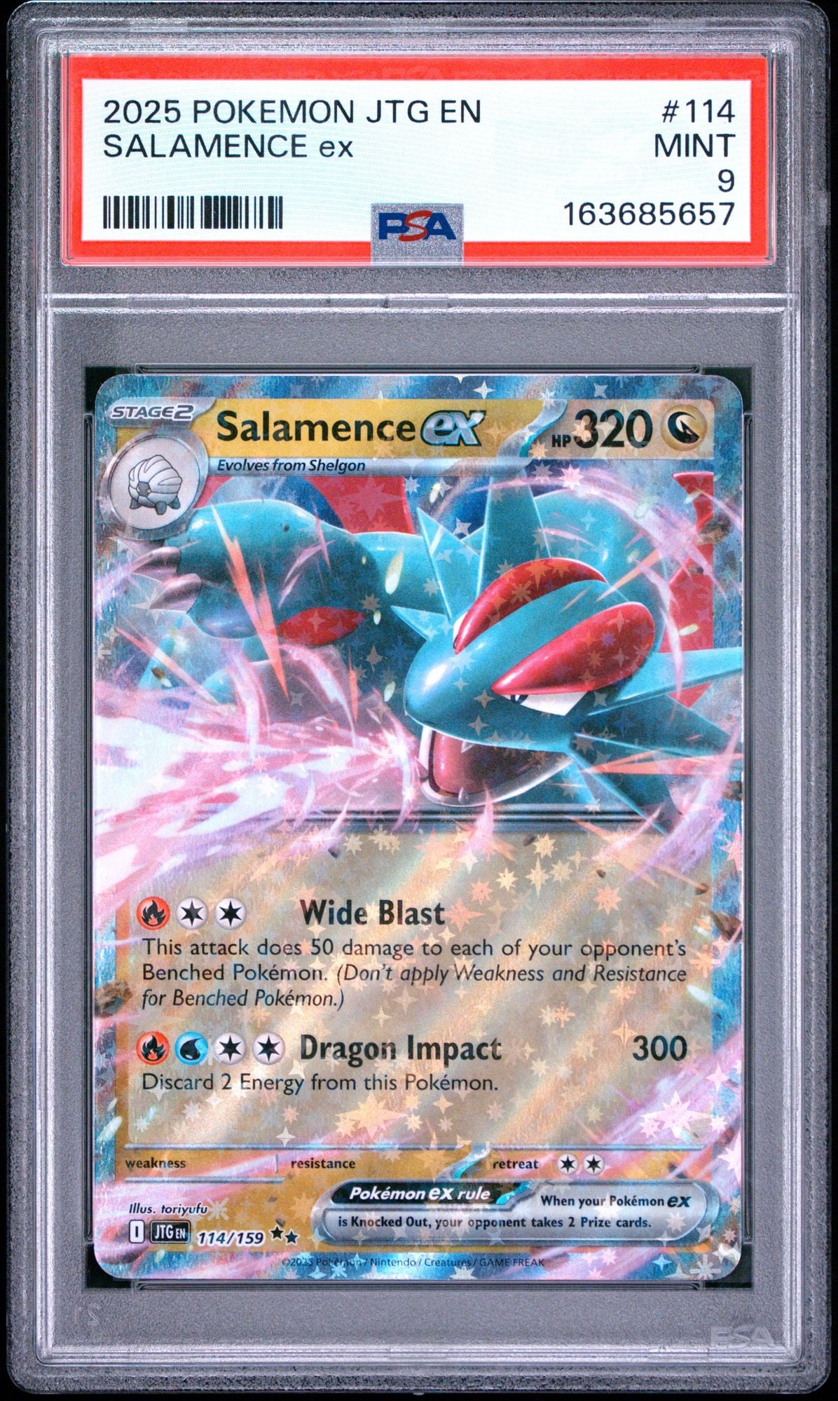 Graded 2025 Pokemon JTG EN Salamence ex #114 Trading Card Game PSA 9 Mint