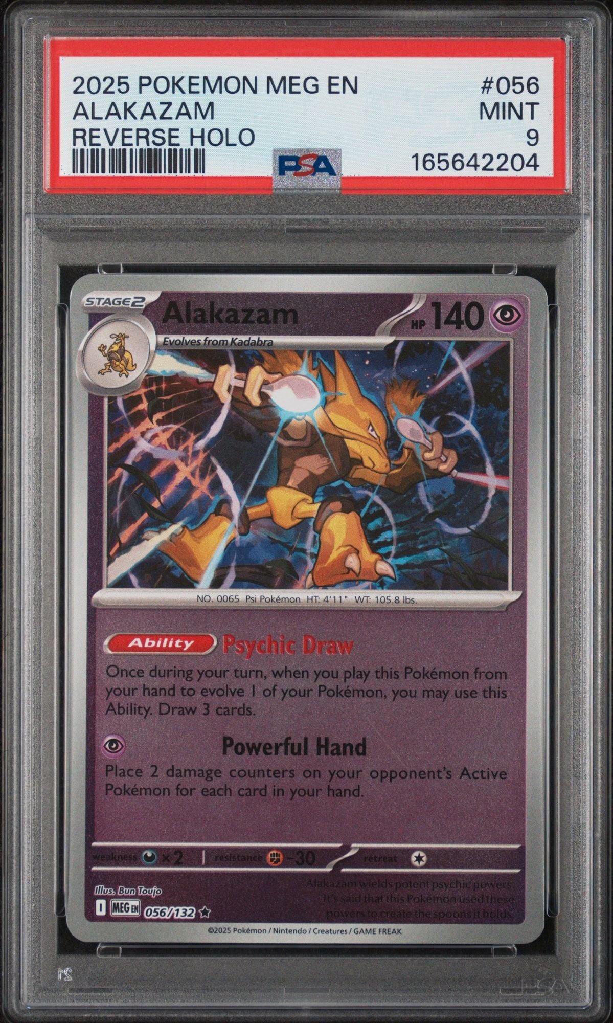 Graded 2025 Pokemon MEG EN Alakazam #056 Reverse Holo Trading Card Game PSA 9 Mint