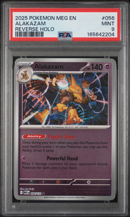 Graded 2025 Pokemon MEG EN Alakazam #056 Reverse Holo Trading Card Game PSA 9 Mint