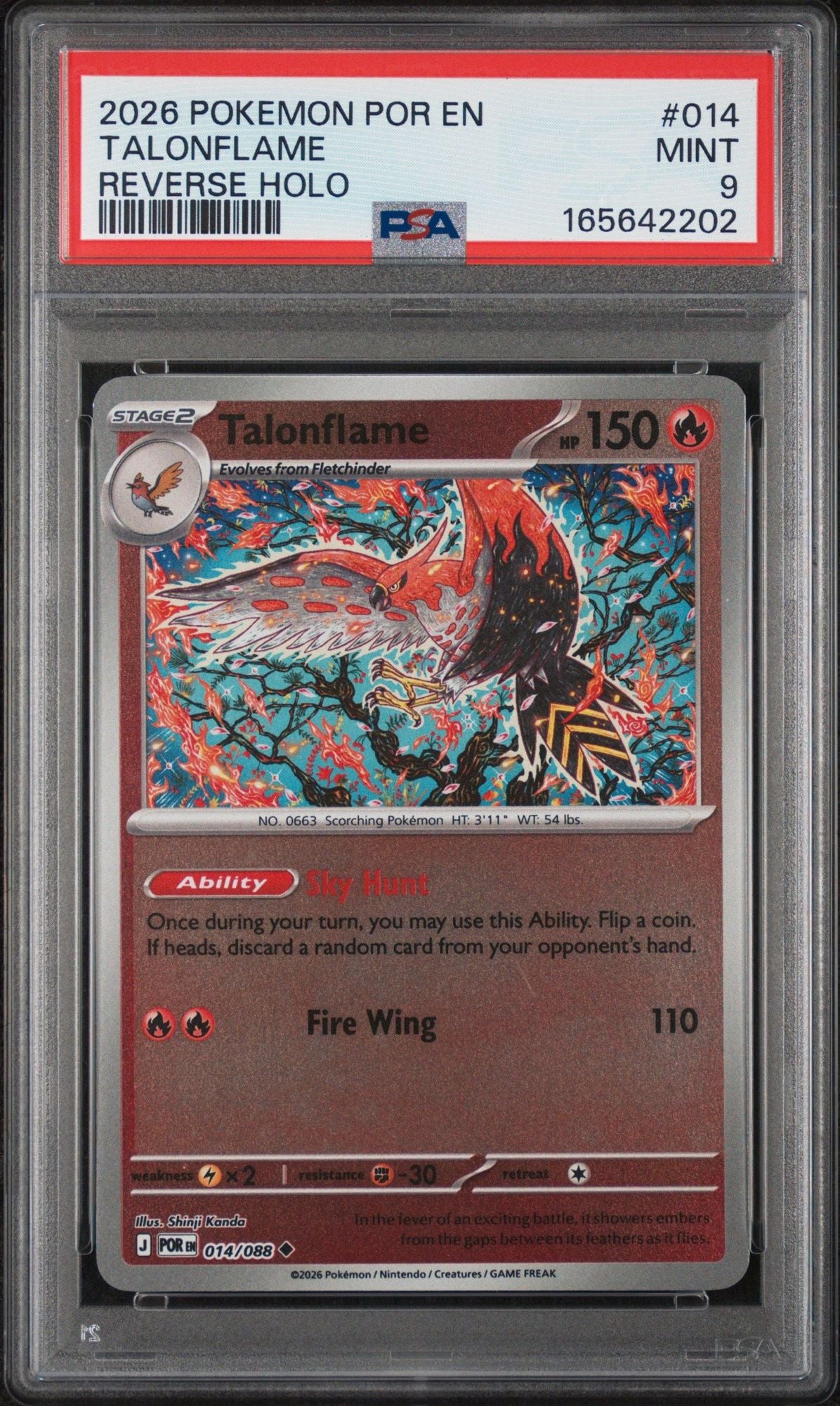 Graded 2026 Pokemon Perfect Order EN Talonflame #014 Reverse Holo Trading Card Game PSA 9 Mint