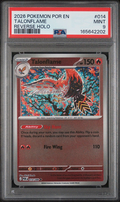 Graded 2026 Pokemon Perfect Order EN Talonflame #014 Reverse Holo Trading Card Game PSA 9 Mint