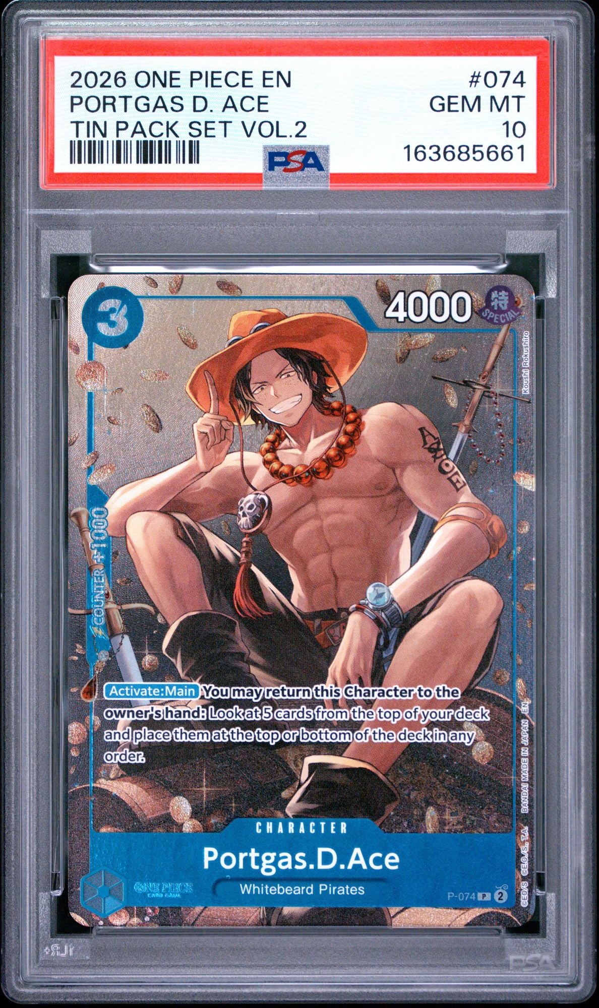 Graded 2026 EN One Piece Promo Portgas D Ace #074 Tin Pack Set Volume 2 Trading Card Game PSA 10 Gem Mint