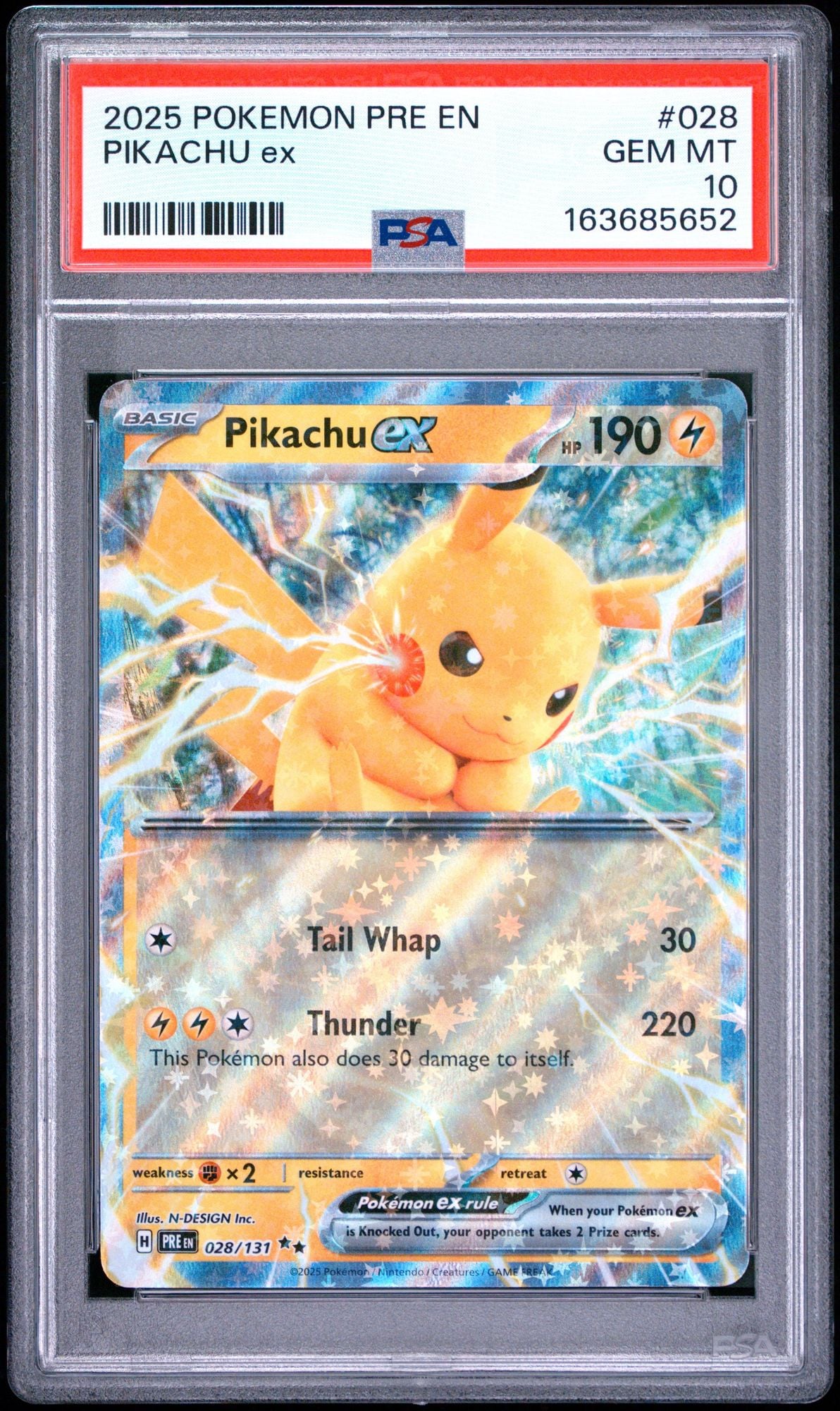 Graded 2025 Pokemon Prismatic Evolutions Pikachu ex #028 Trading Card Game PSA 10 Gem Mint