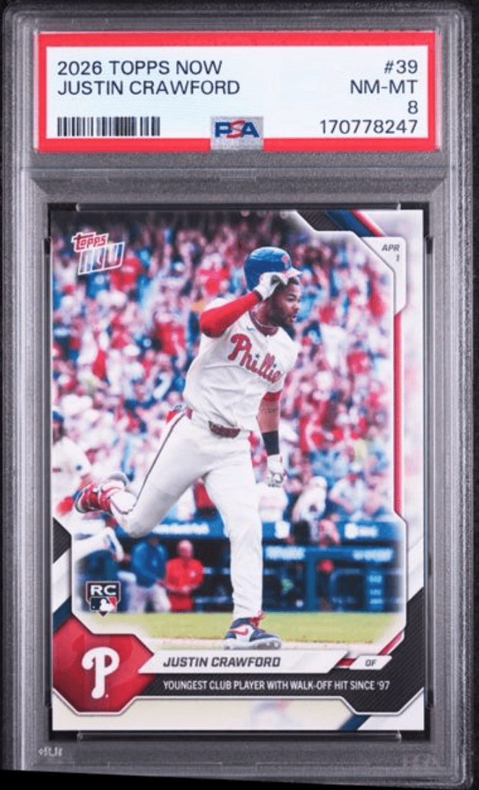 Graded 2026 Topps Now Justin Crawford #39 Rookie RC Baseball Card PSA 8 Near Mint