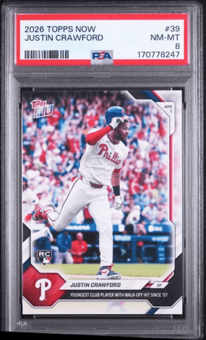 Graded 2026 Topps Now Justin Crawford #39 Rookie RC Baseball Card PSA 8 Near Mint