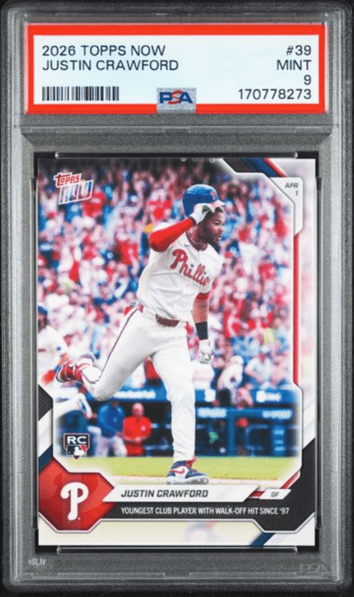 Graded 2026 Topps Now Justin Crawford #39 Rookie RC Baseball Card PSA 9 Mint