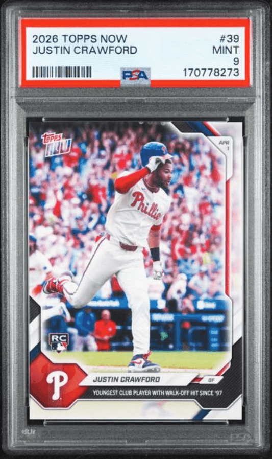 Graded 2026 Topps Now Justin Crawford #39 Rookie RC Baseball Card PSA 9 Mint