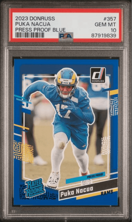 Graded 2023 Panini Donruss Puka Nacua #357 Press Proof Blue Rookie RC Football Card PSA 10 Gem Mint