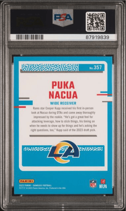 Graded 2023 Panini Donruss Puka Nacua #357 Press Proof Blue Rookie RC Football Card PSA 10 Gem Mint