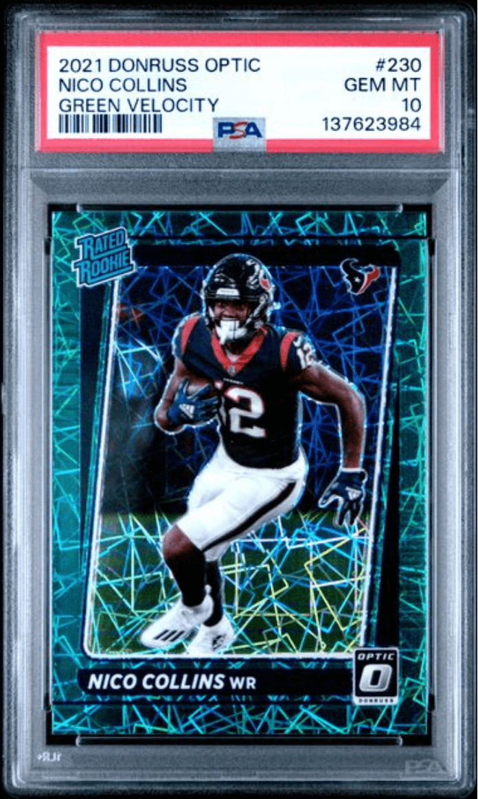 Graded 2021 Panini Donruss Optic Nico Collins #230 Green Velocity Rookie RC Football Card PSA 10 Gem Mint