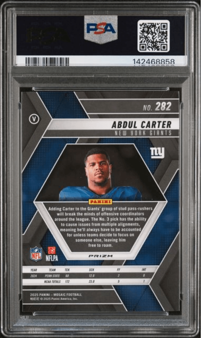 Graded 2025 Panini Mosaic Abdul Carter #282 Silver Rookie RC Football Card PSA 10 Gem Mint