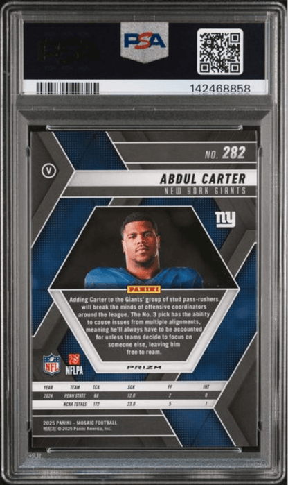 Graded 2025 Panini Mosaic Abdul Carter #282 Silver Rookie RC Football Card PSA 10 Gem Mint