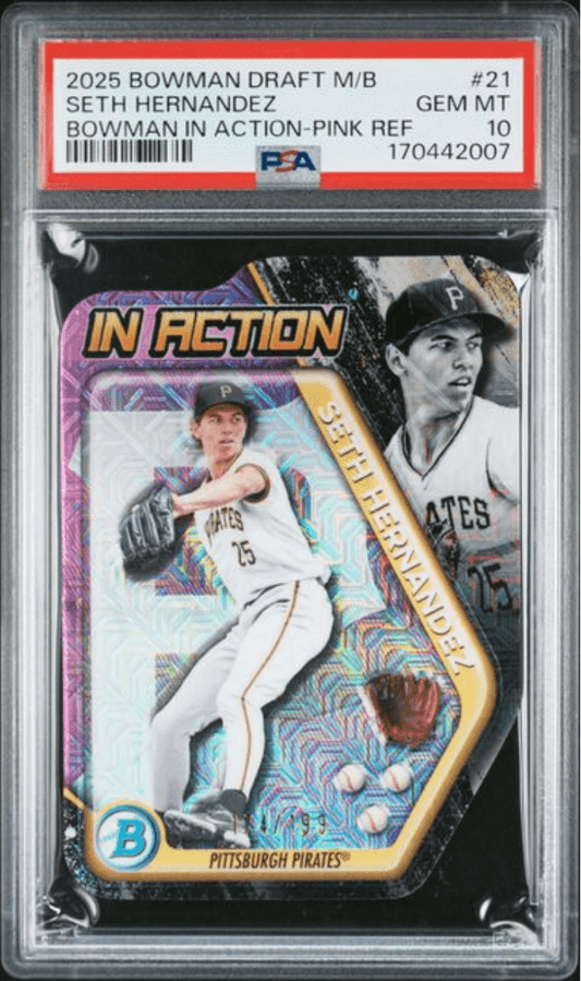 Graded 2025 Topps Bowman Draft Mega Box Seth Hernandez #BIA21 Bowman in Action Pink Refractor /199 Rookie RC Baseball Card PSA 10 Gem Mint