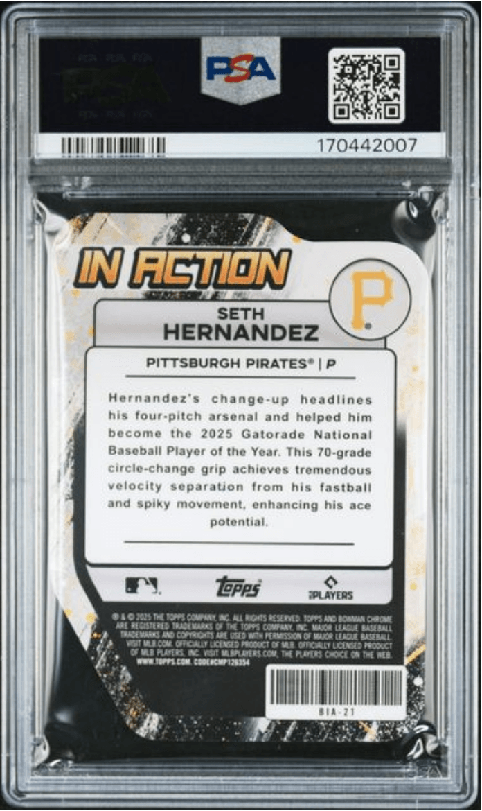 Graded 2025 Topps Bowman Draft Mega Box Seth Hernandez #BIA21 Bowman in Action Pink Refractor /199 Rookie RC Baseball Card PSA 10 Gem Mint