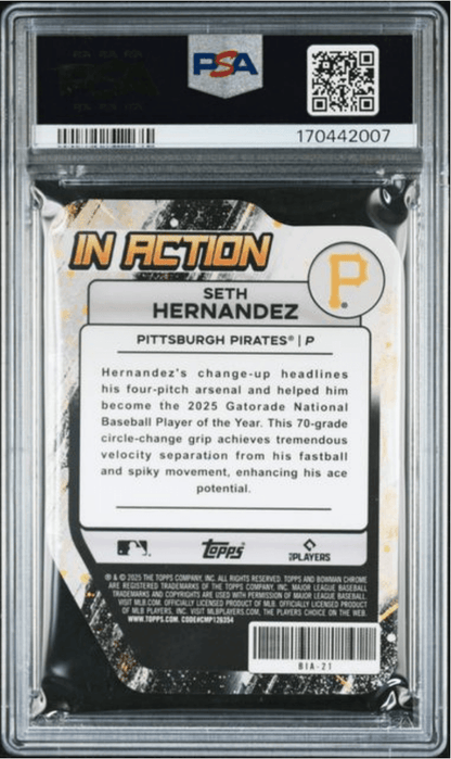Graded 2025 Topps Bowman Draft Mega Box Seth Hernandez #BIA21 Bowman in Action Pink Refractor /199 Rookie RC Baseball Card PSA 10 Gem Mint