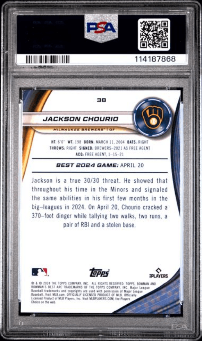Graded 2024 Topps Bowmans Best Jackson Chourio #38 Wave Rookie RC Baseball Card PSA 10 Gem Mint