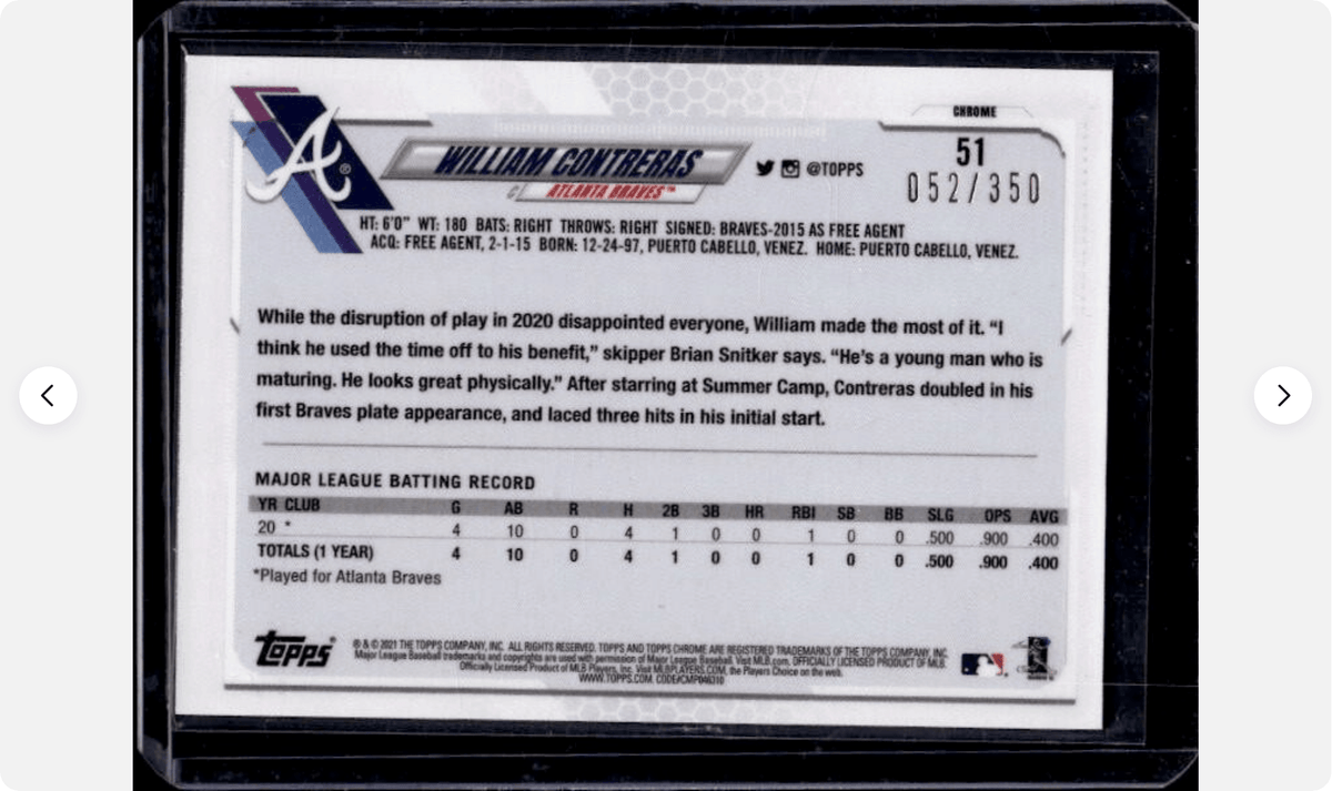 2021 Topps Chrome Williams Contreras #51 Magenta Speckle Refractor /350 Atlanta Braves Rookie RC Baseball Card