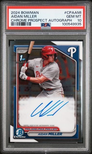Graded 2024 Bowman Chrome Aidan Miller #CPAAMI Chrome Prospect Autograph 1st Bowman Rookie RC Baseball Card PSA 10 Gem Mint