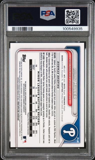 Graded 2024 Bowman Chrome Aidan Miller #CPAAMI Chrome Prospect Autograph 1st Bowman Rookie RC Baseball Card PSA 10 Gem Mint
