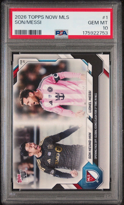 Graded 2026 Topps Now MLS Lionel Messi Son Heung-Min #1 Opening Face Off Soccer Card PSA 10 Gem Mint