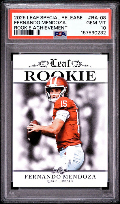 Graded 2025 Leaf Special Release Fernando Mendoza #RA08 Rookie Achievement RC Football Card PSA 10 Gem Mint