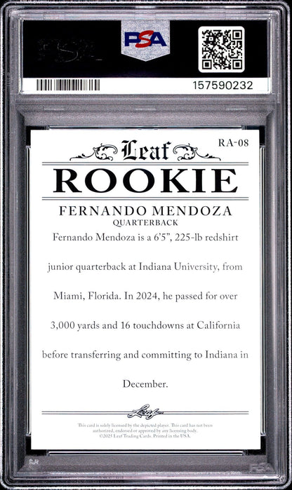 Graded 2025 Leaf Special Release Fernando Mendoza #RA08 Rookie Achievement RC Football Card PSA 10 Gem Mint
