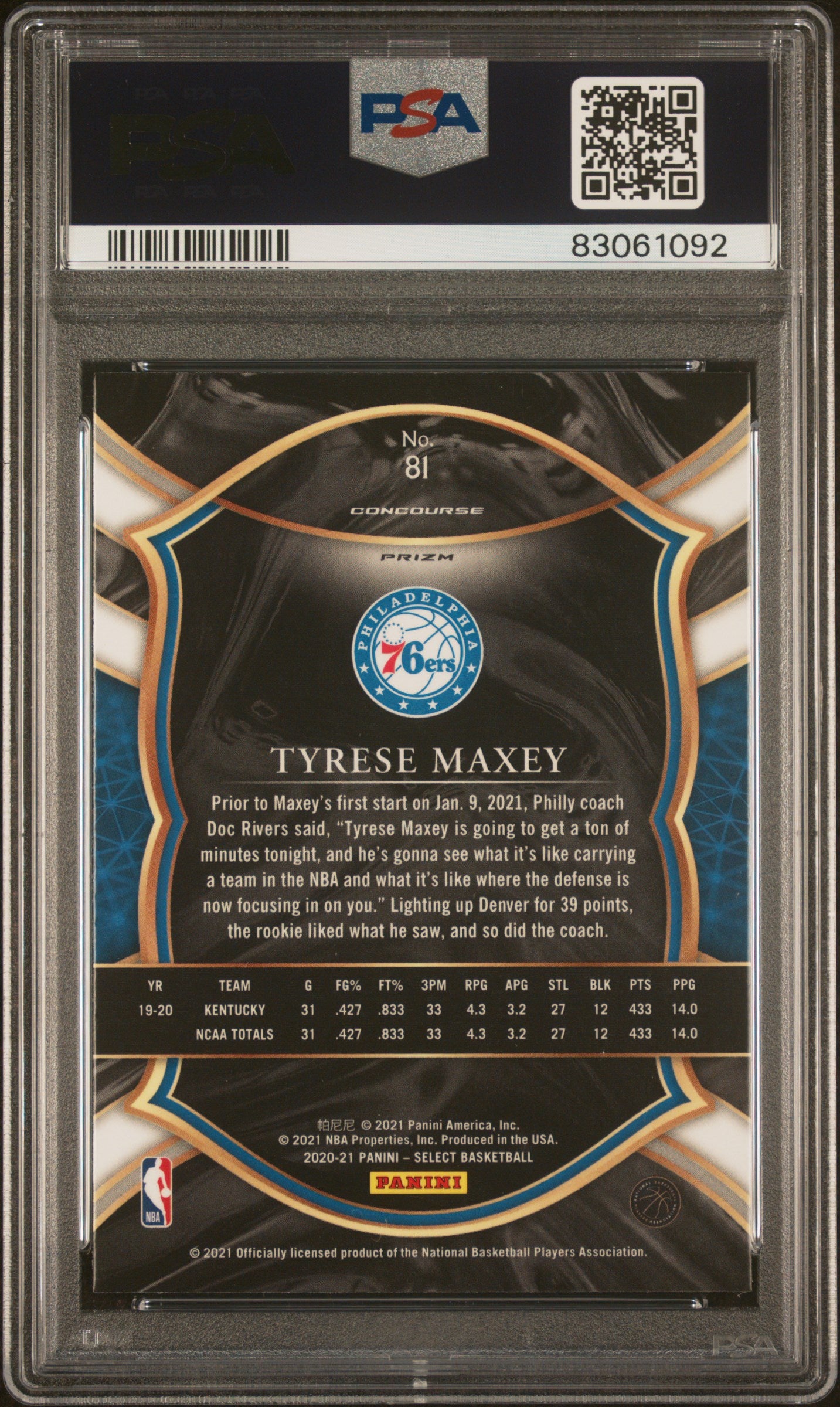 Graded 2020 Panini Select Tyrese Maxey #81 Red/White/Orange Shimmer Rookie RC Basketball Card PSA 10 Gem Mint