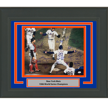Framed Autographed/Signed 1986 New York Mets Team 26x Sigs World Series Champions 16x20 Baseball Photo JSA COA #1