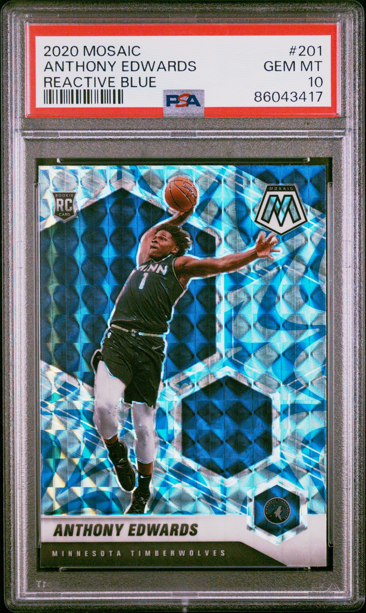 Graded 2020-21 Panini Mosaic Anthony Edwards #201 Reactive Blue Rookie RC Basketball Card PSA 10 Gem Mint