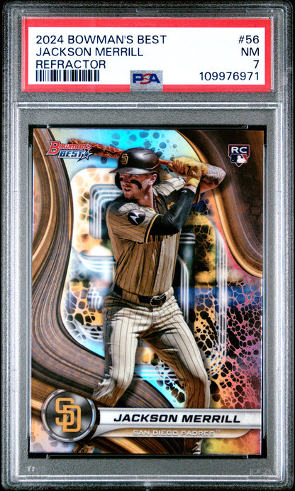 Graded 2024 Topps Bowmans Best Jackson Merrill #56 Refractor Rookie RC Baseball Card PSA 7 Near Mint
