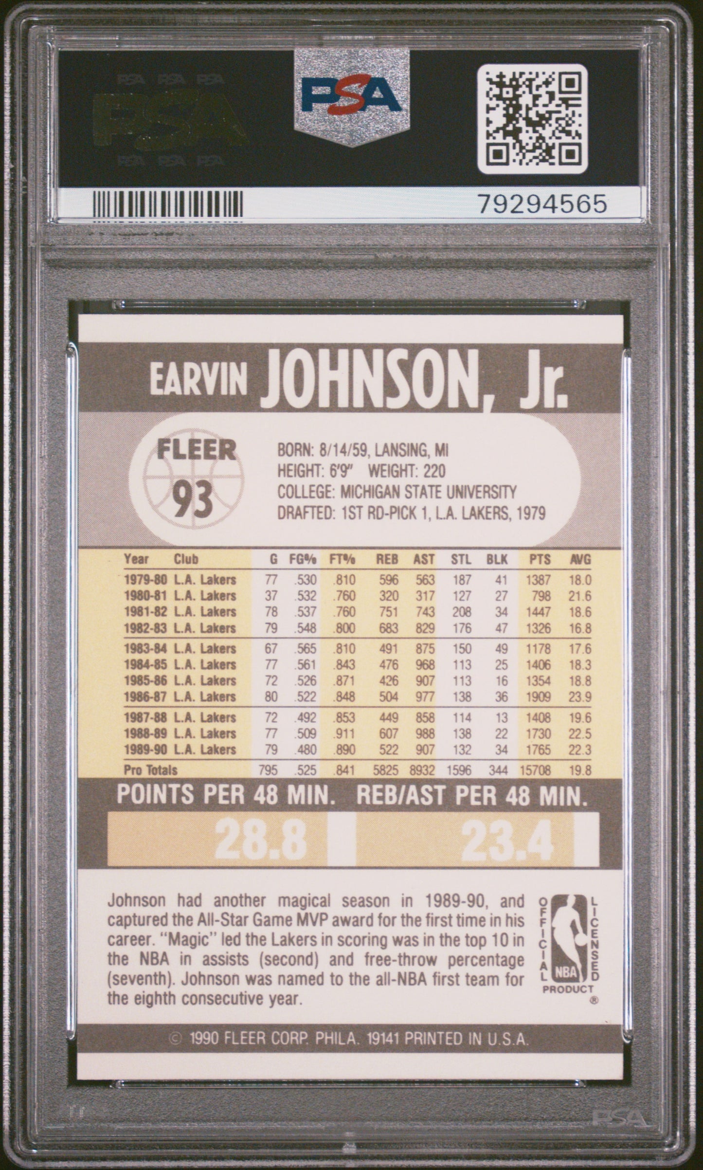 Graded 1990 Fleer Magic Johnson #93 Basketball Card PSA 10 Gem Mint