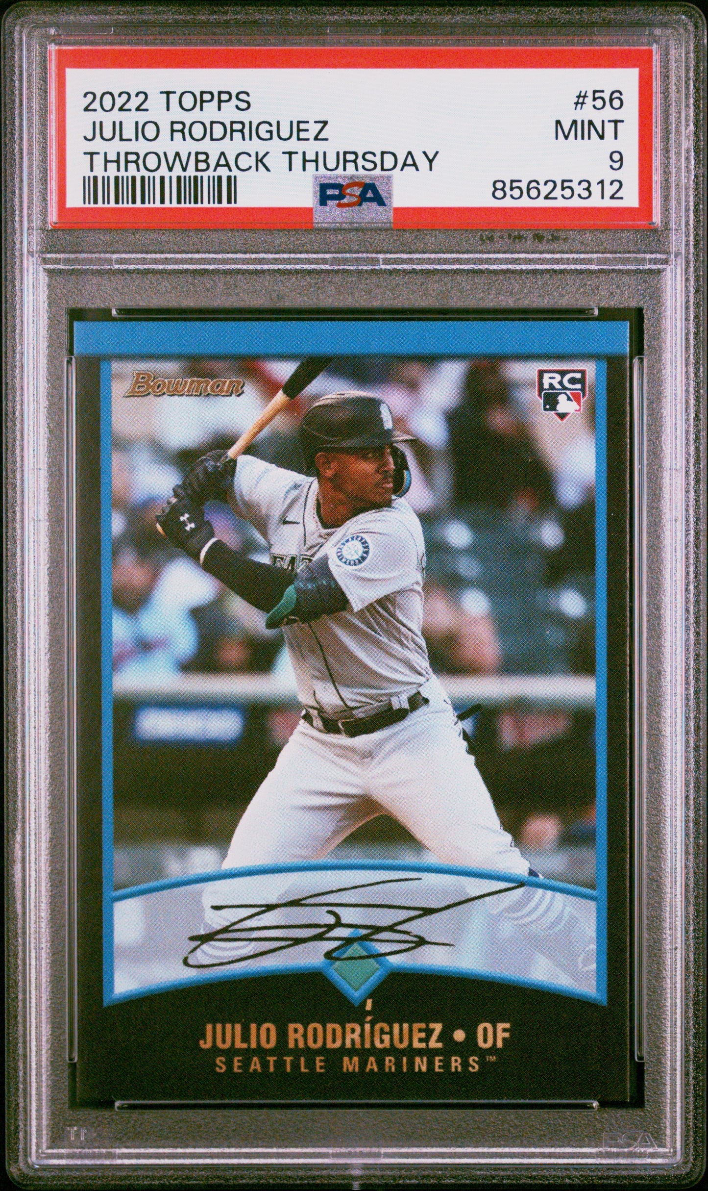 Graded 2022 Topps Julio Rodriguez #56 Throwback Thursday Rookie RC Baseball Card PSA 9 Mint