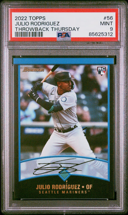 Graded 2022 Topps Julio Rodriguez #56 Throwback Thursday Rookie RC Baseball Card PSA 9 Mint