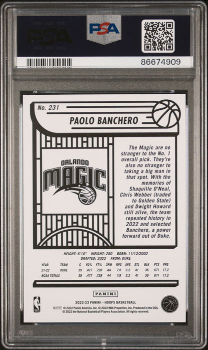 Graded 2022 Panini NBA Hoops Paolo Banchero #231 Rookie RC Basketball Card PSA 8 Near Mint
