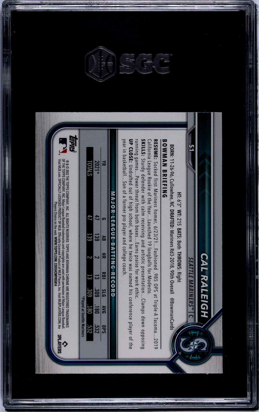Graded 2022 Topps Bowman Chrome Cal Raleigh #51 Rookie RC Baseball Card SGC 9.5 Mint+