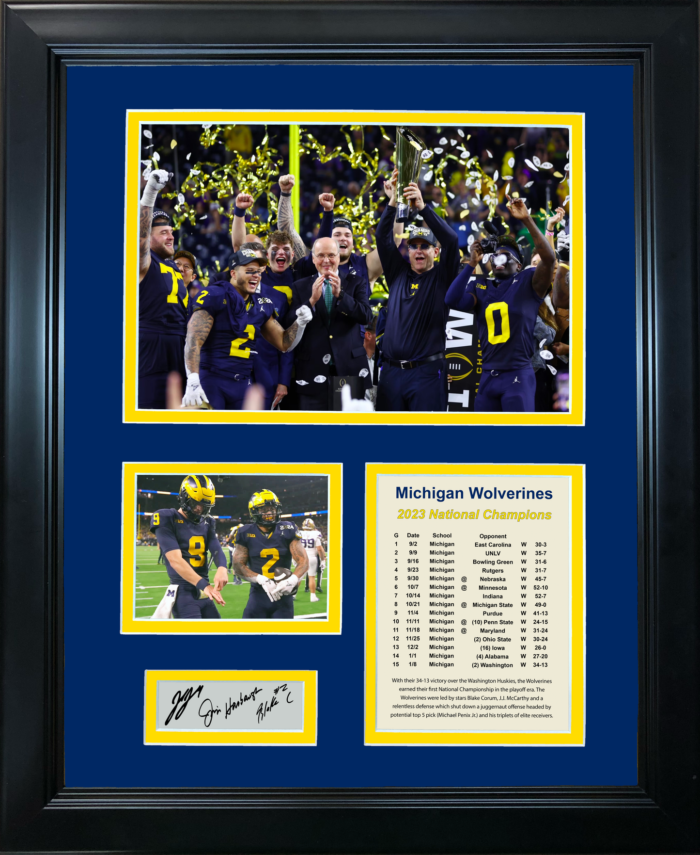 Framed Michigan Wolverines 2023 National Championship Blake Corum, Jim Harbaugh, J.J. McCarthy Facsimile Laser Engraved Signatures Auto College Football 11"x14" Photo Sig Collage