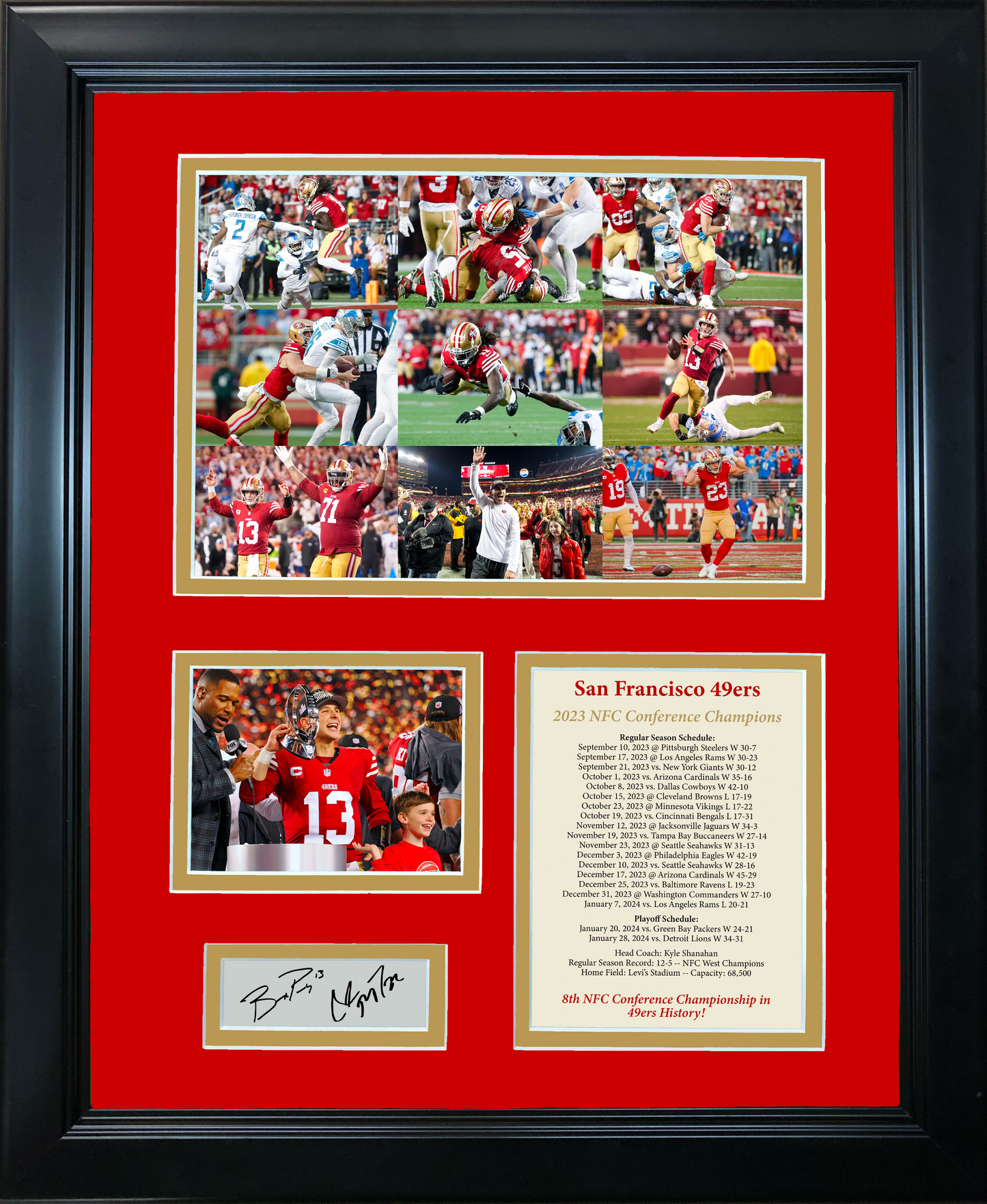 Framed 2023 San Francisco 49ers Brock Purdy & Christian McCaffrey Dual NFC Champions Facsimile Laser Engraved Signature Auto Football 11"x14"Photo Sig Collage