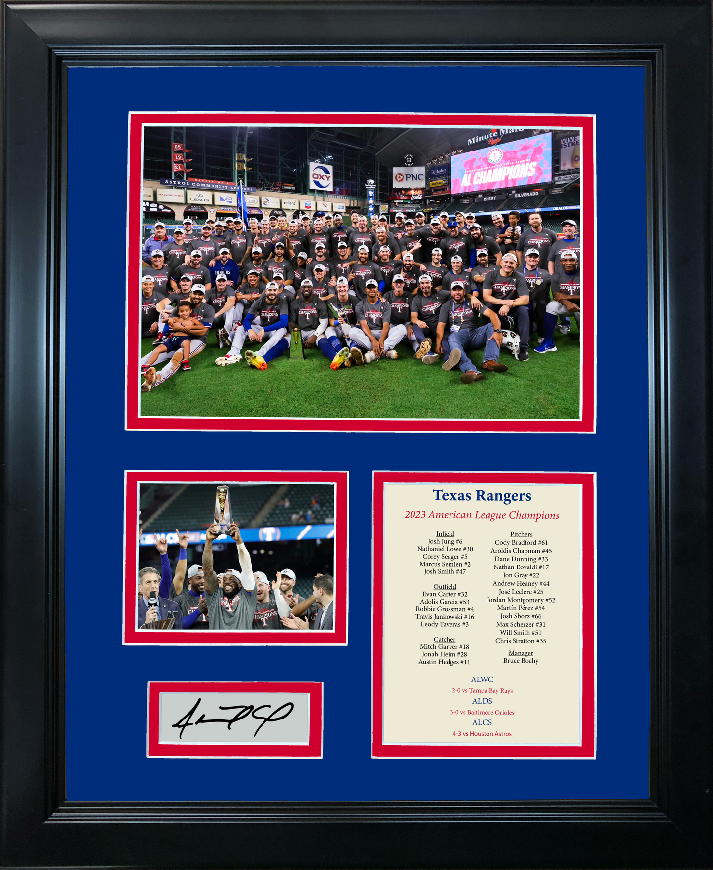 Framed 2023 ALCS American League Champions Adolis Garcia MVP Facsimile Laser Engraved Signature Auto 11"x14" Baseball Photo Sig Collage