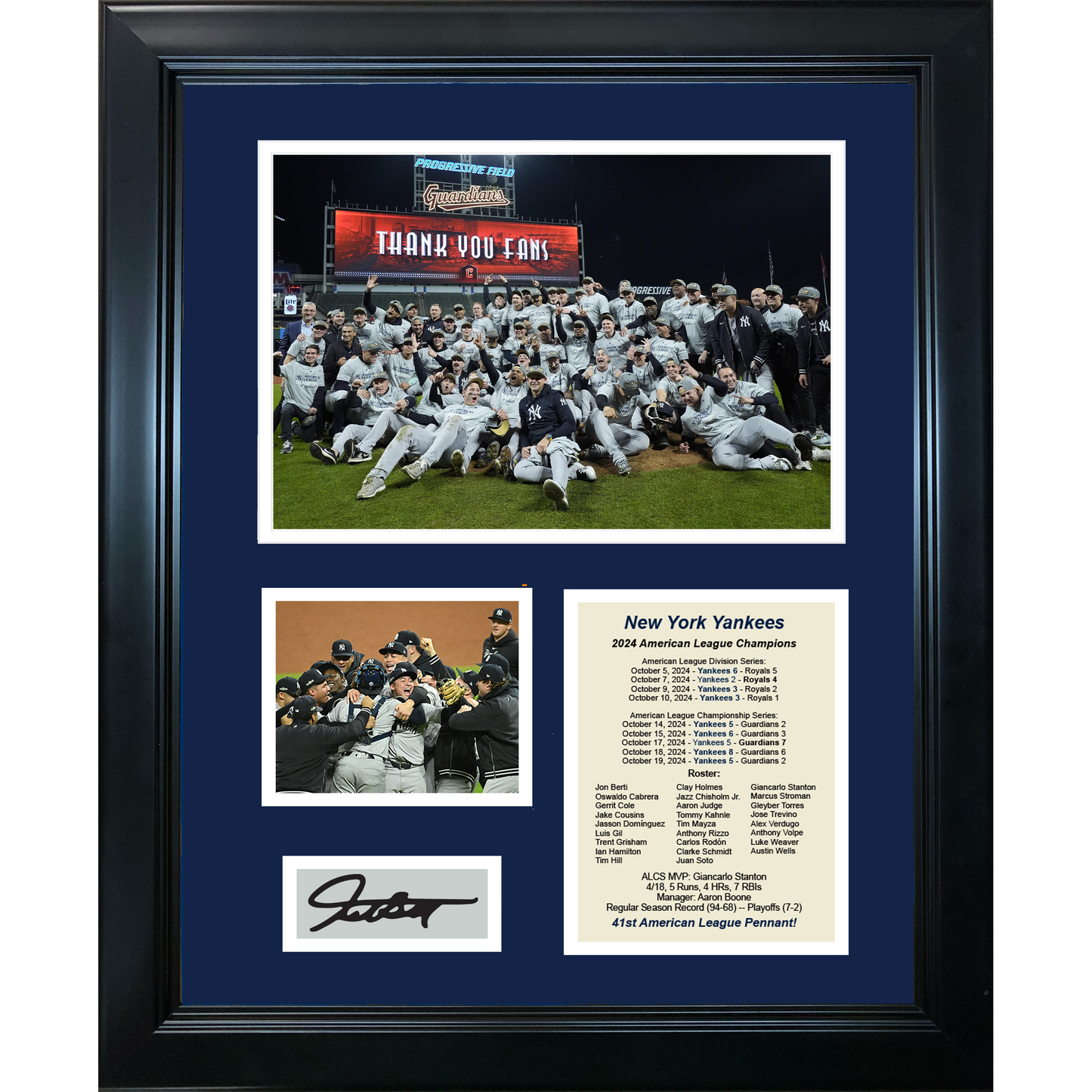 Framed New York Yankees 2024 ALCS American League Champions Giancarlo Stanton MVP Facsimile Laser Engraved Signature Auto 11"x14" Baseball Photo Sig Collage