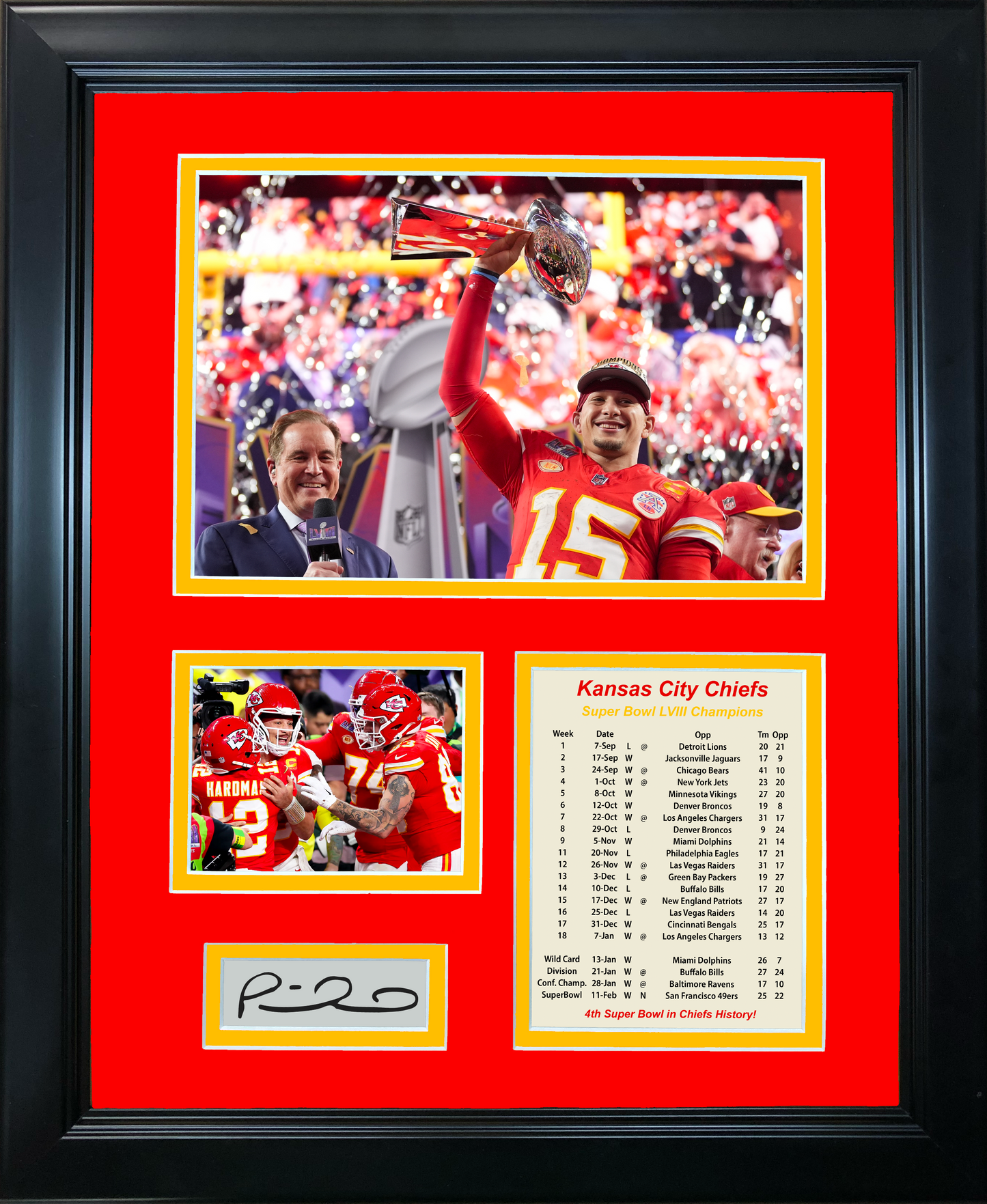 Framed Kansas City Chiefs Super Bowl LVIII Champions Patrick Mahomes MVP Facsimile Laser Engraved Signature Auto Football 11"x14" Photo Sig Collage