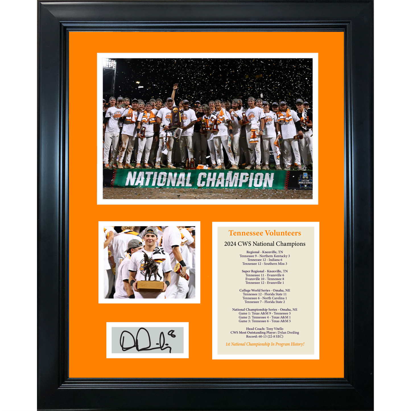 Framed Tennessee Volunteers 2024 College World Series Champions Dylan Dreiling Facsimile Laser Engraved Signature Auto 11"x14" College Baseball Photo Sig Collage