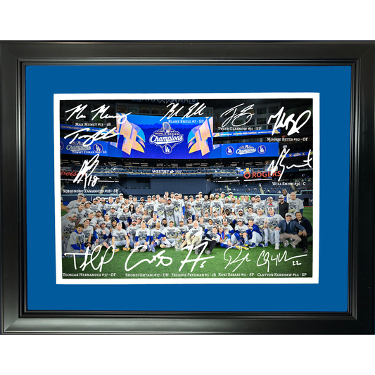 Framed Los Angeles Dodgers 2025 World Series Champions Field Celebration Facsimile Signature Team Auto 11''x14'' Baseball Photo