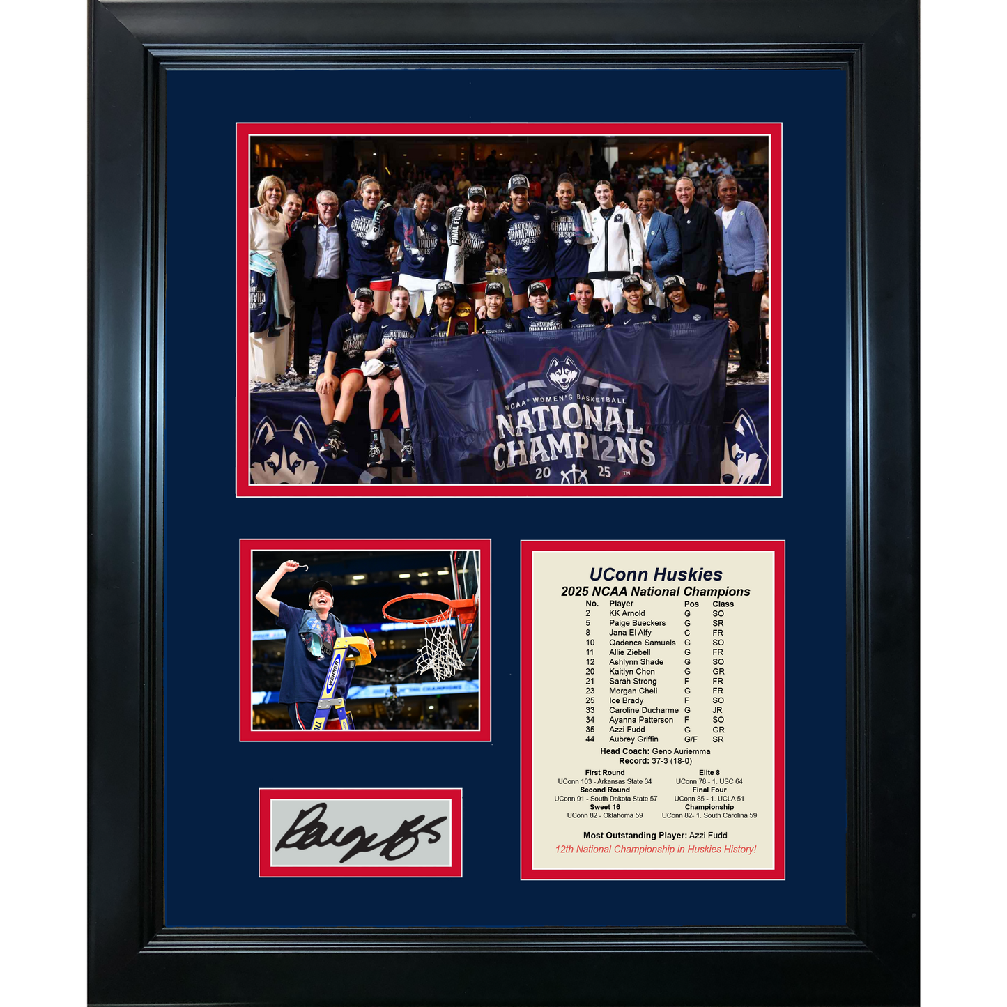 Framed UConn Huskies 2025 Women's NCAA National Champions Paige Bueckers Facsimile Laser Engraved Signature Auto 11"x14" College Basketball Photo Sig Collage
