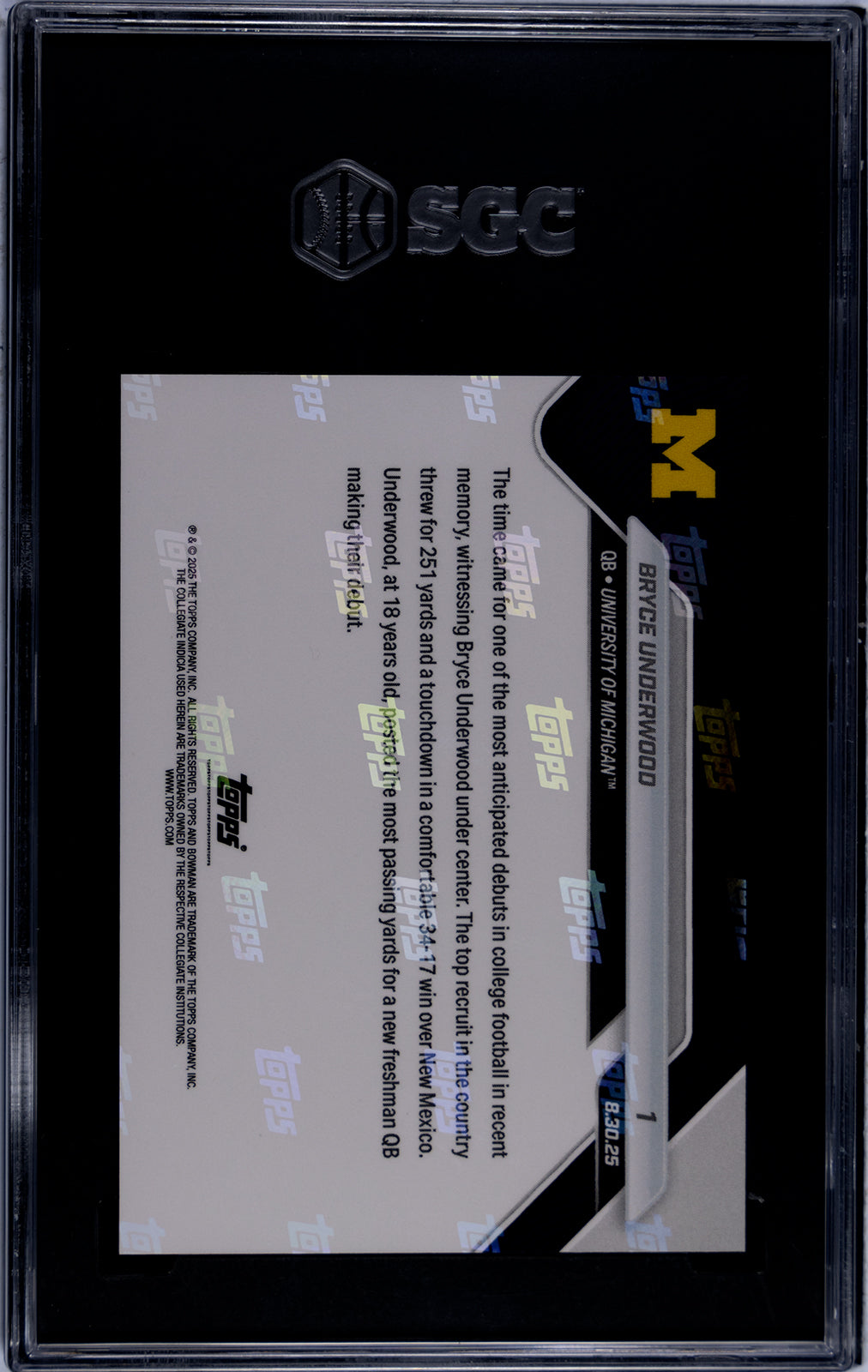 Graded 2025 Topps Bowman U Now Bryce Underwood #1 Generational Recruit Shines in Wolverines Debut Rookie RC Football Card SGC 10 Gem Mint