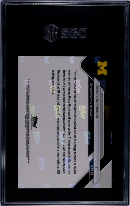 Graded 2025 Topps Bowman U Now Bryce Underwood #1 Generational Recruit Shines in Wolverines Debut Rookie RC Football Card SGC 10 Gem Mint