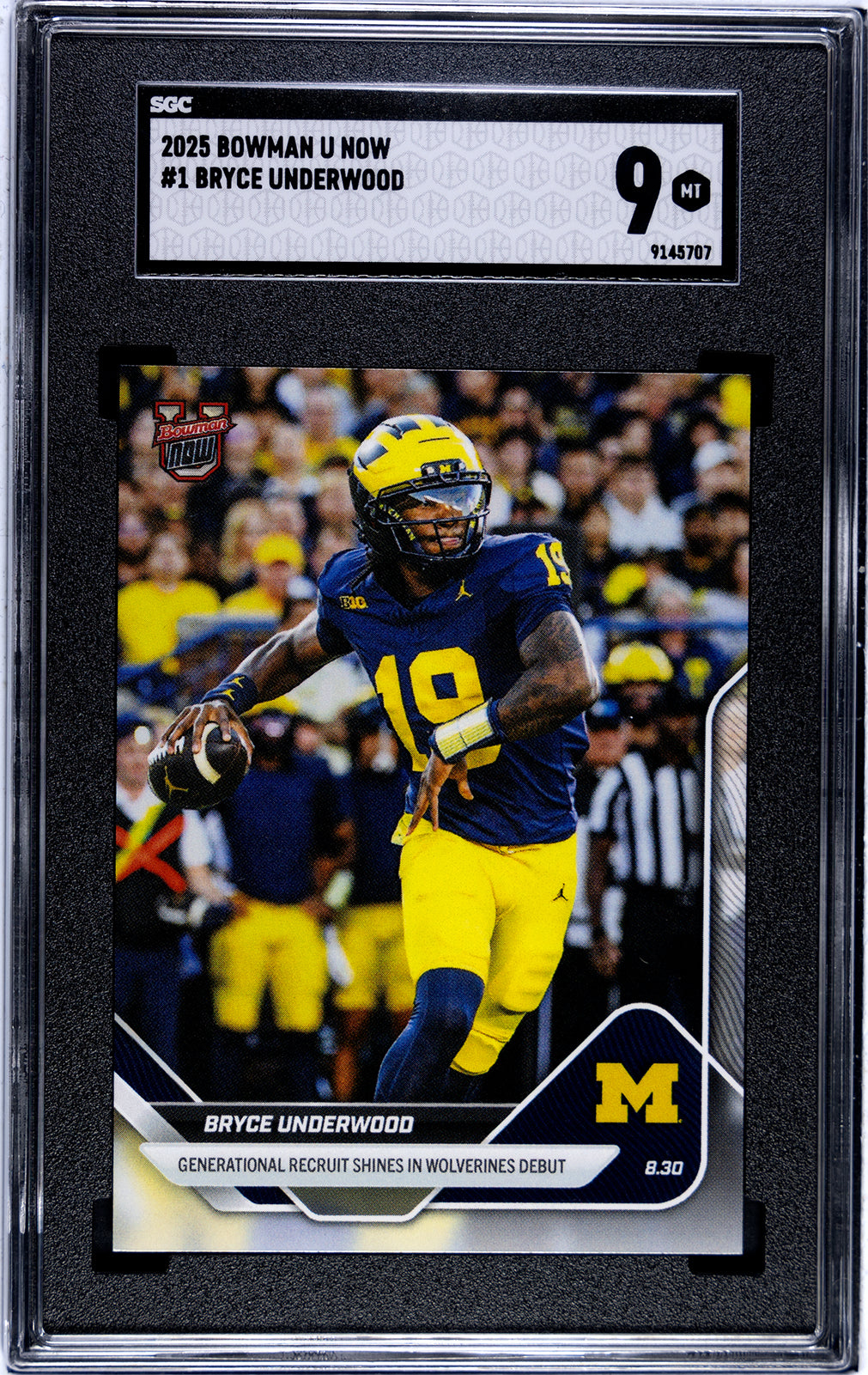 Graded 2025 Topps Bowman U Now Bryce Underwood #1 Generational Recruit Shines in Wolverines Debut Rookie RC Football Card SGC 9 Mint