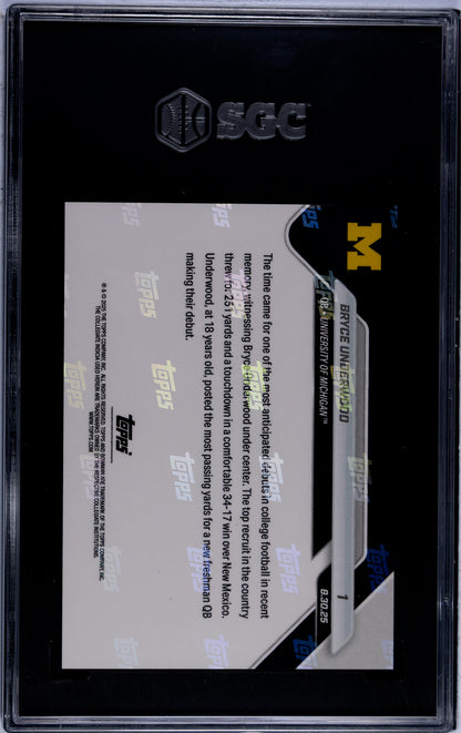 Graded 2025 Topps Bowman U Now Bryce Underwood #1 Generational Recruit Shines in Wolverines Debut Rookie RC Football Card SGC 9.5 Mint+